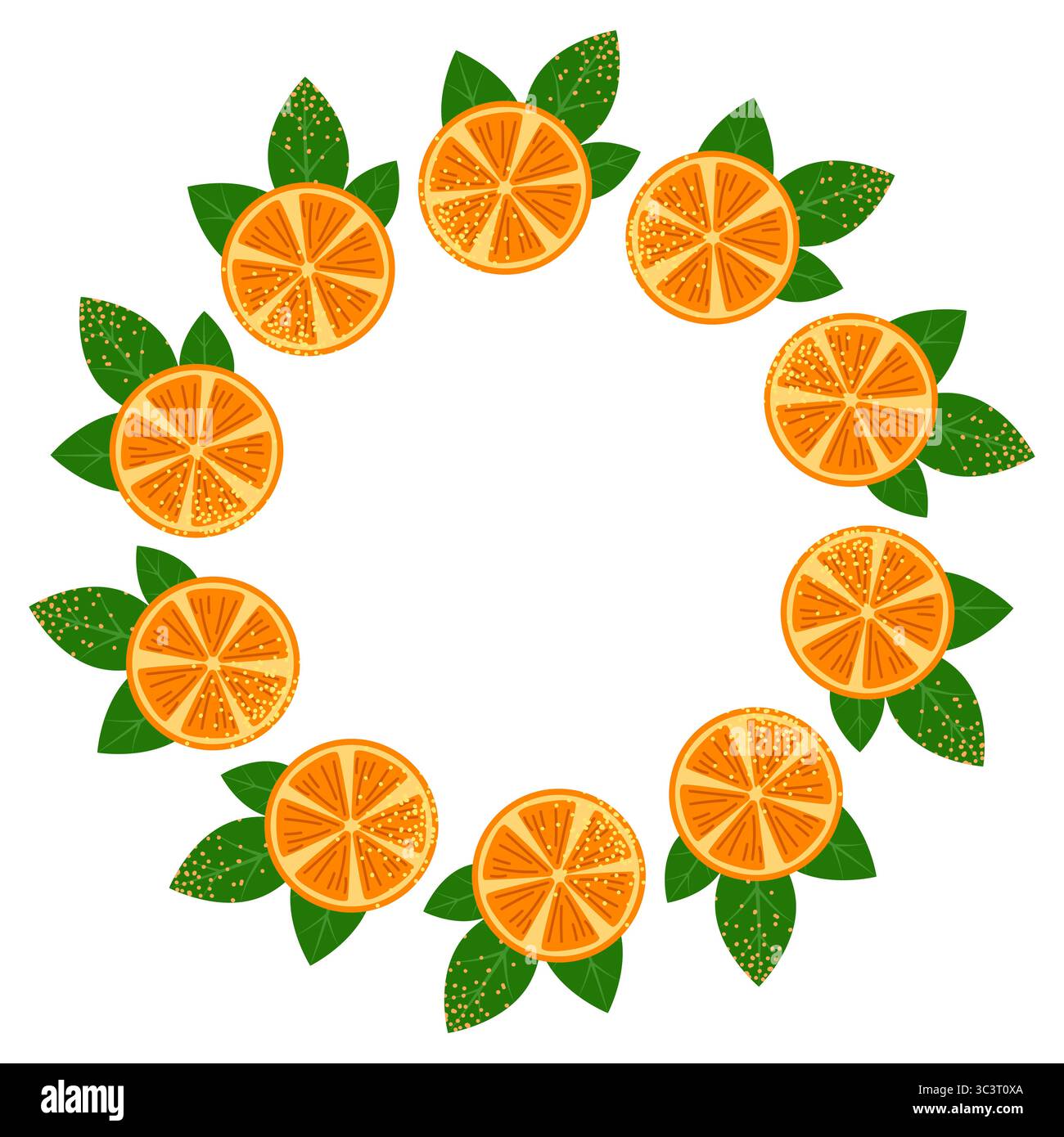 Oranges, round frame with simple abstract fruits and leaves. Fruit pieces, natural products. Orange wreath, empty summer background Stock Vector