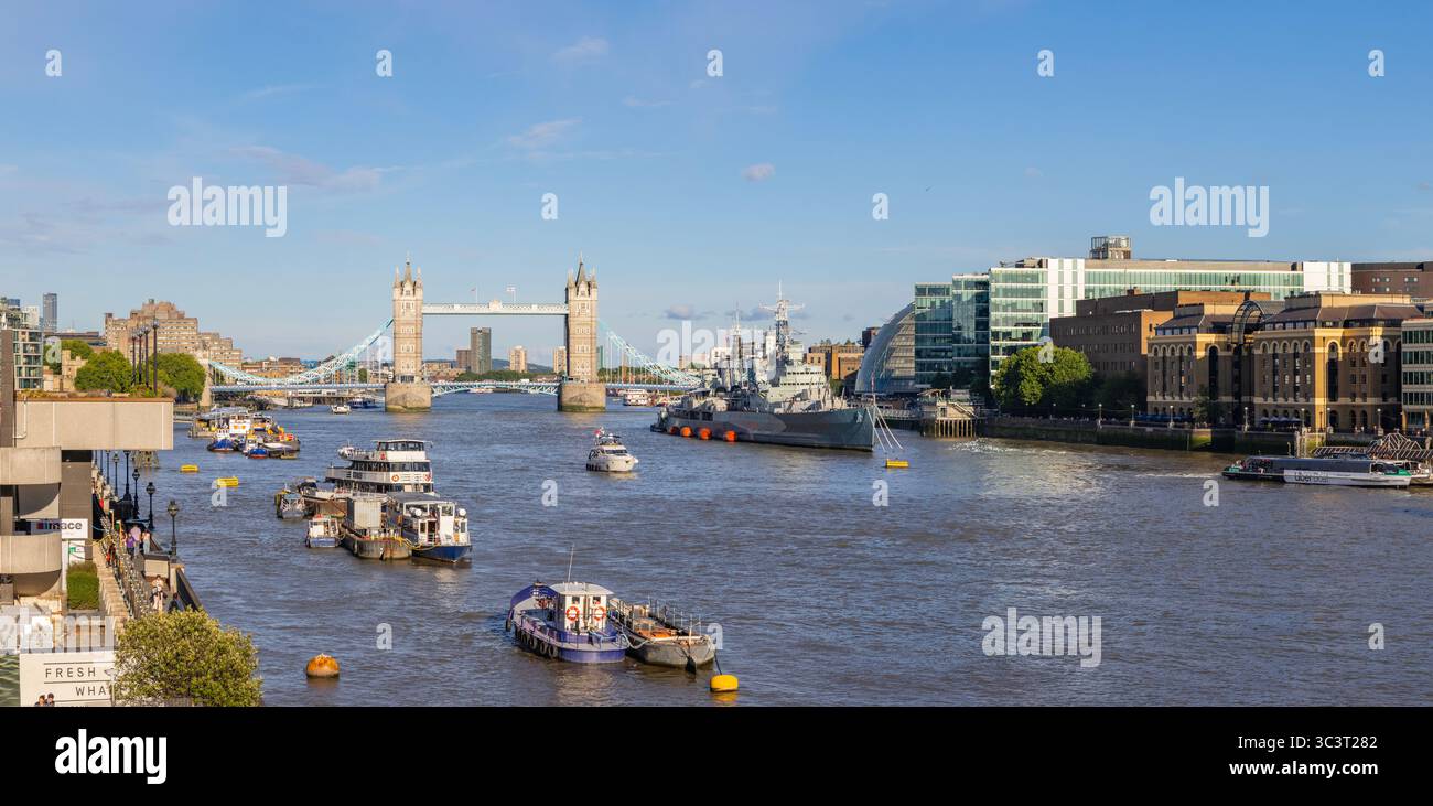 River Thames, Tower Bridge and HMS Belfast in London, UK Stock Photo