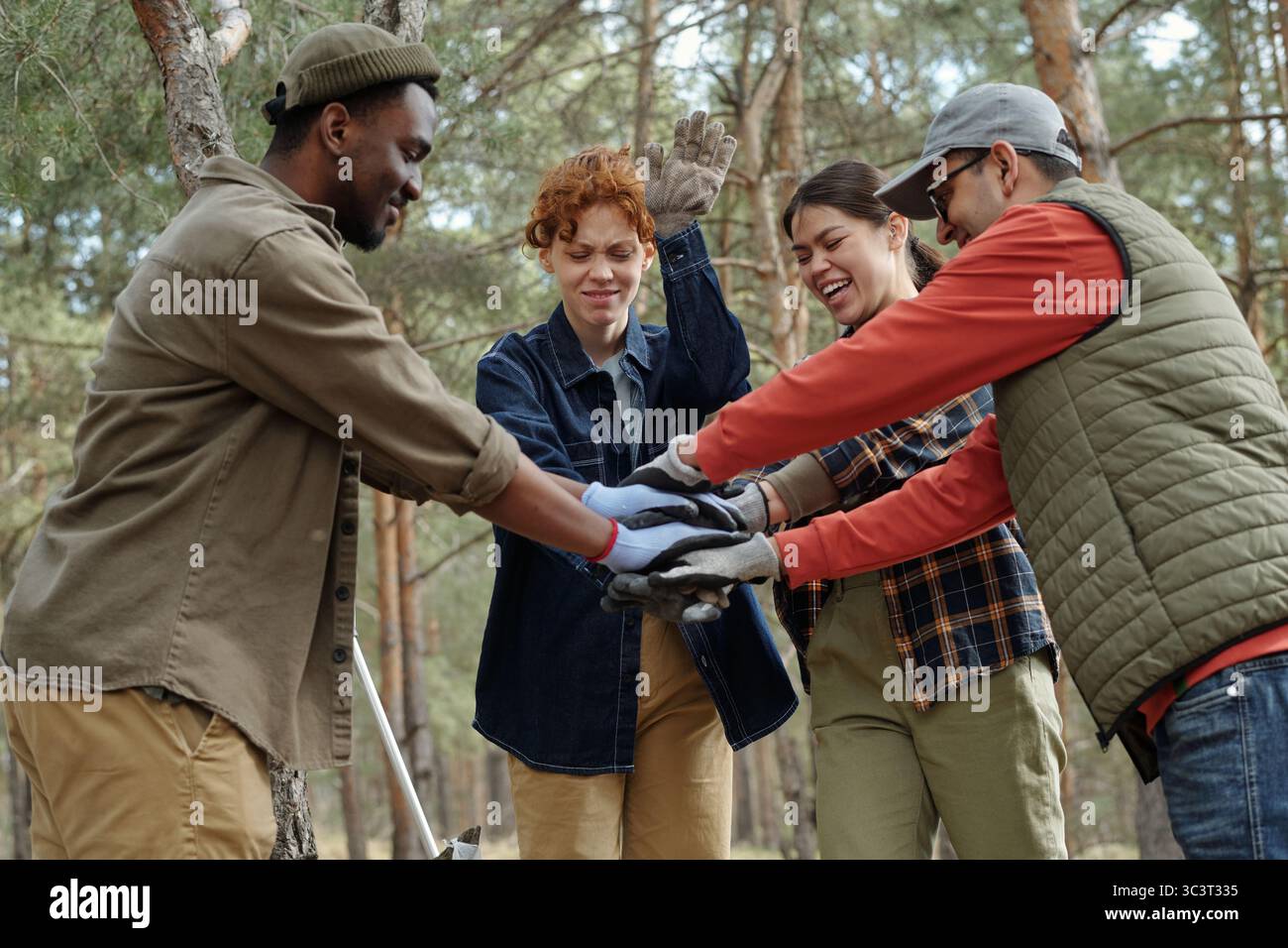 Diverse Young Adults Stacking Hands While Collaborating Outdoors in Forest Stock Photo