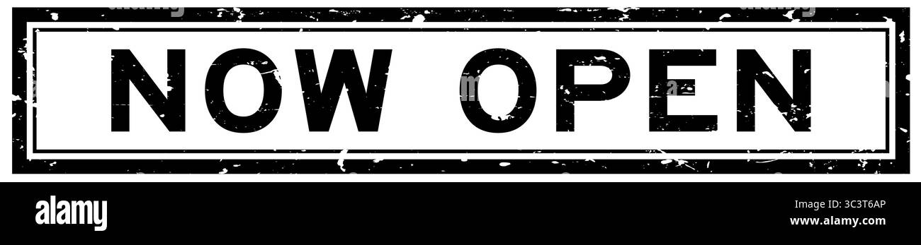 Grunge black now open word square rubber seal stamp on white background ...