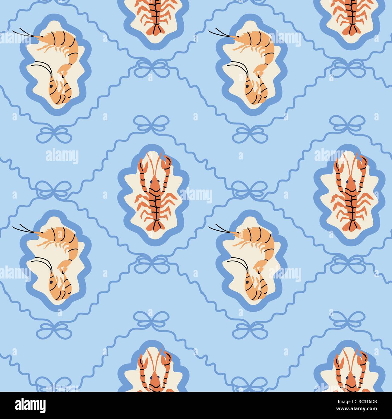 Seamless lobster and shrimp pattern with nautical elements on light blue background. Stock Vector