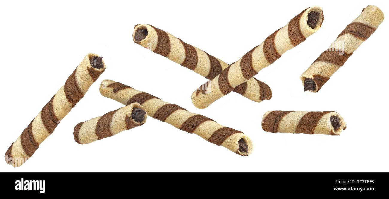Waffle rolls, striped chocolate and vanilla wafer sticks isolated Stock Photo
