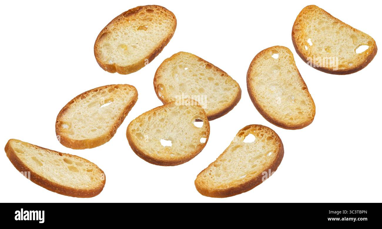 Baked crackers, round bread croutons isolated on white background Stock Photo