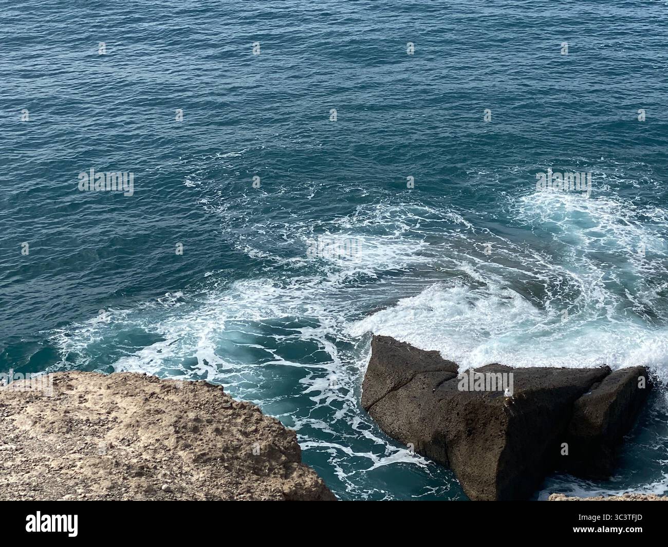 Waves crashing against the rocky shore under a clear, blue sky at Canary Islands. - Smartphone Captured Stock Image