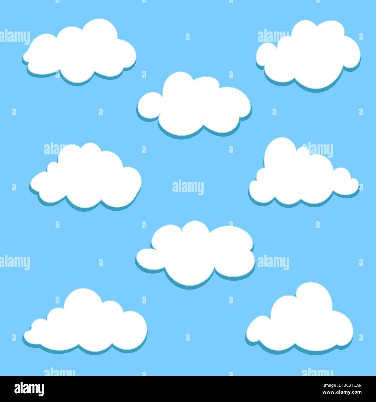 White clouds with a shadow set design elements. Eight different clouds nature weather collection. Stock Vector