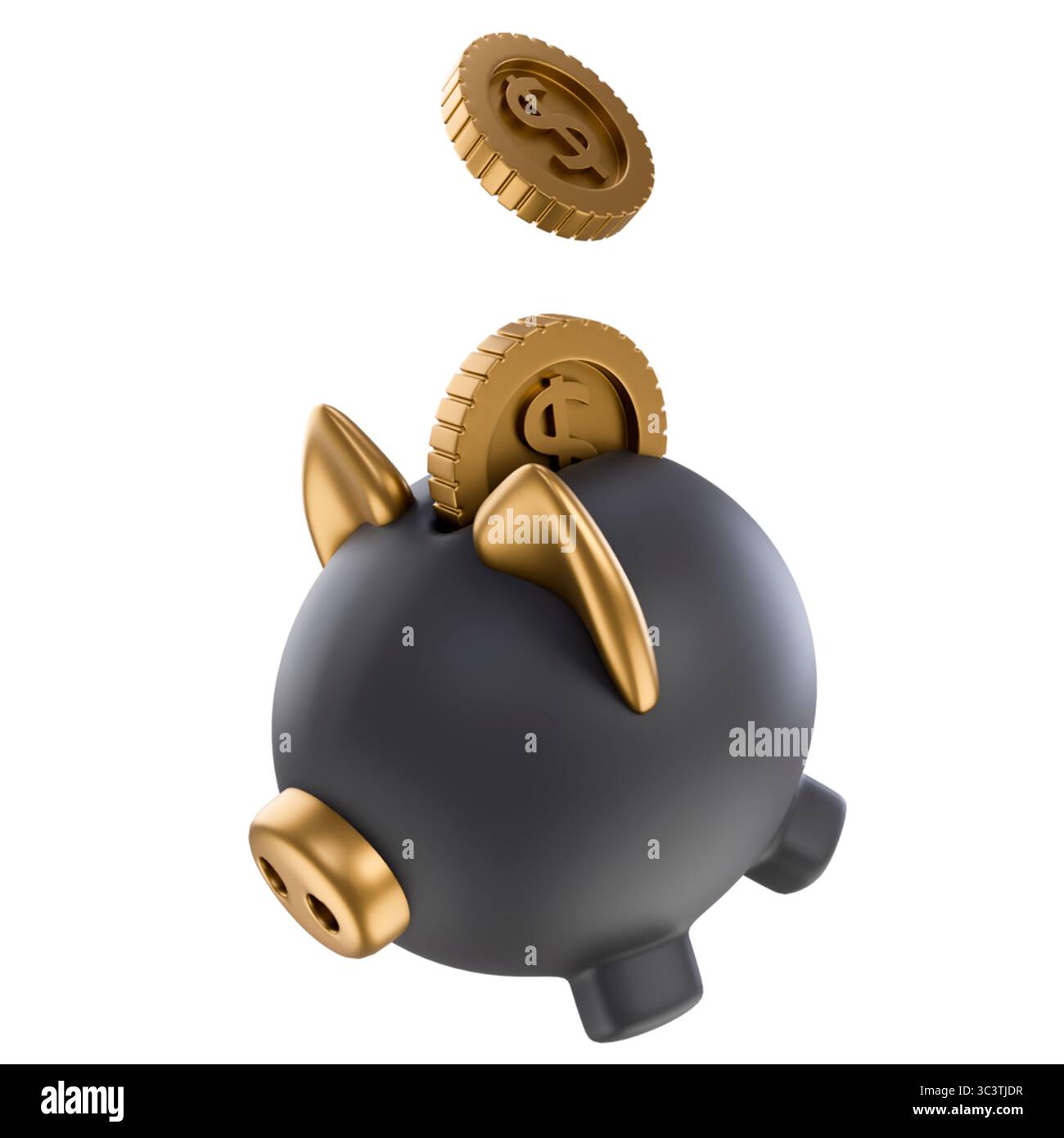 3D icon of a black piggy bank with golden coins isolated on white ...