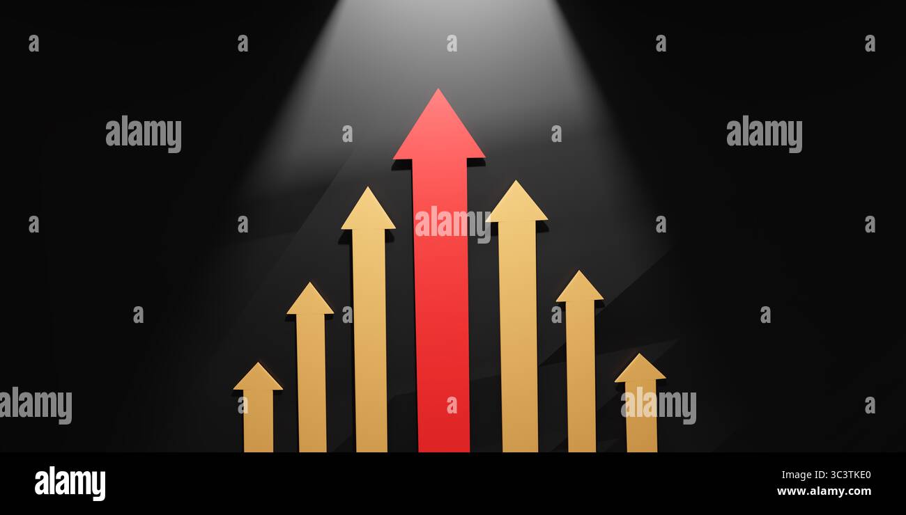 Leadership and success symbolized by a red arrow rising among golden ...