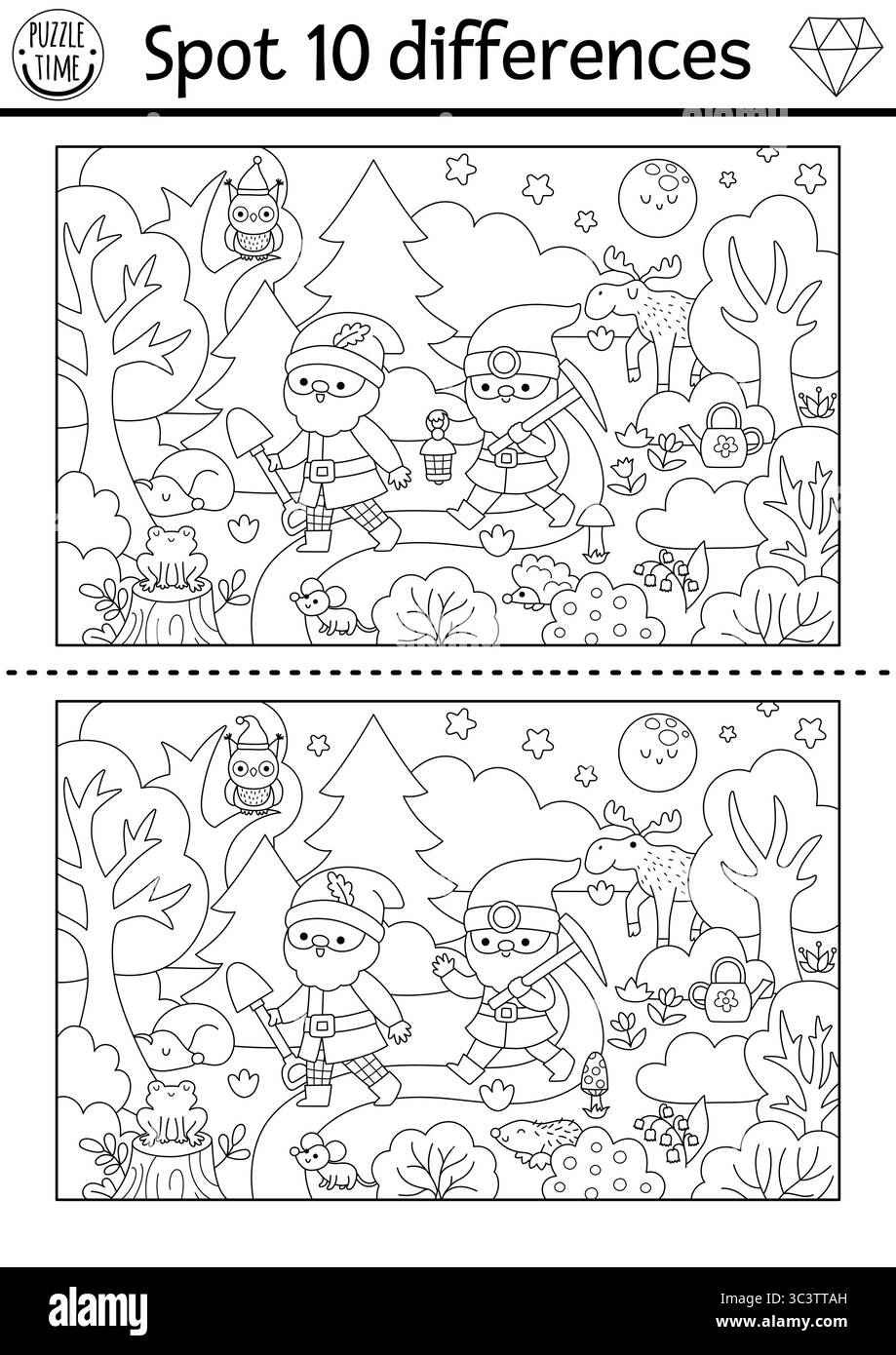 Find differences game for children. Dwarf black and white activity with ...