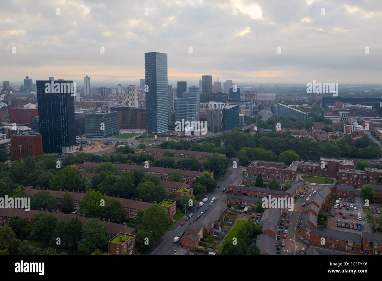 Aerial image of Deansgate Skyline in Manchester and Hulme Park Stock Photo