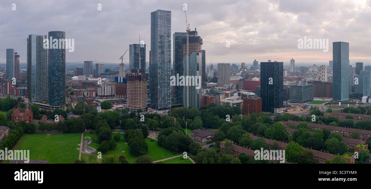 Aerial image of Deansgate Skyline in Manchester and Hulme Park Stock Photo