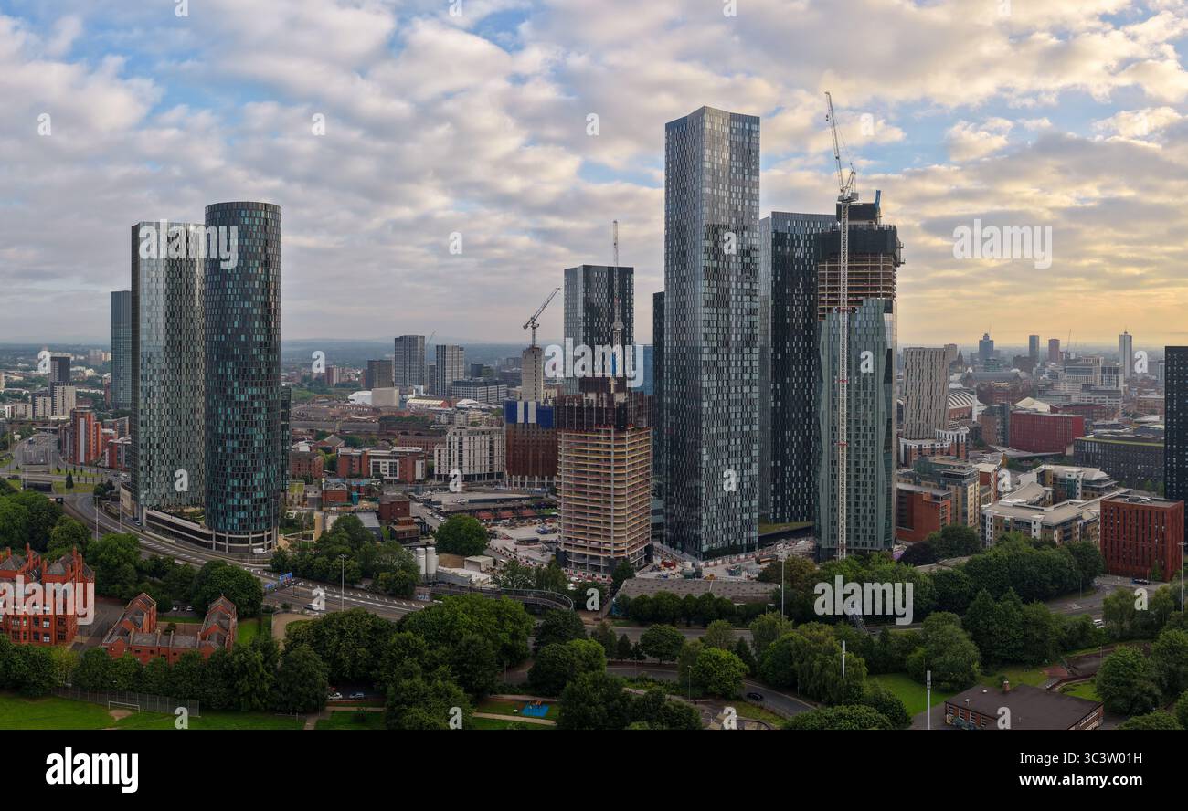 Aerial image of Deansgate Skyline in Manchester and Hulme Park Stock Photo