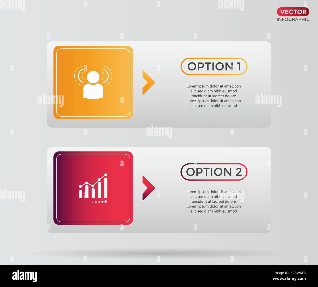 2, one-Step Editable Infographic Template with growth icon for Marketing, Strategy, Presentations, Reports, Workflow and Data Visualization Stock Vector