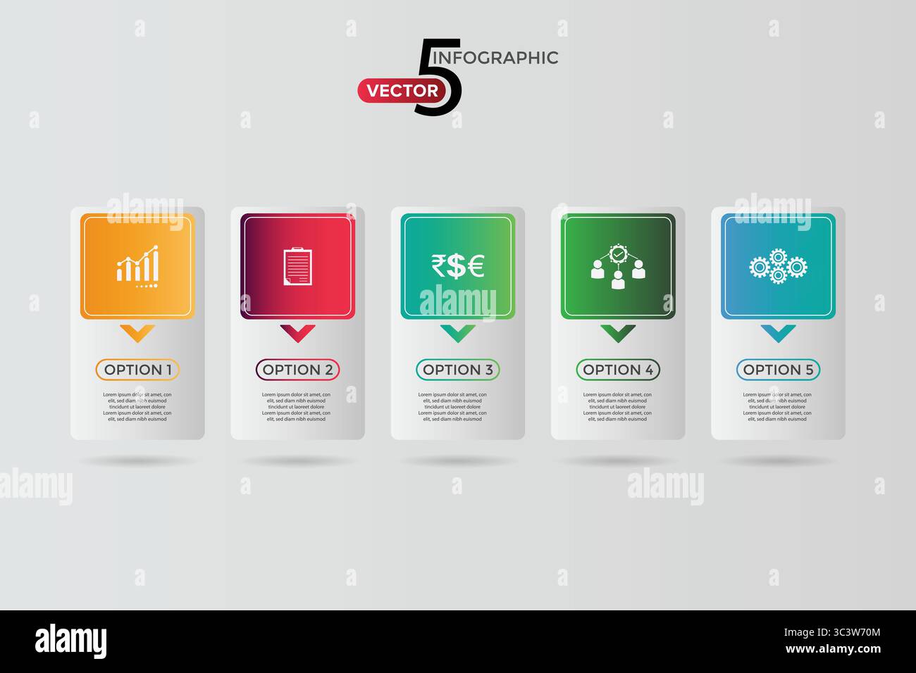 Five, 5-Step Editable Infographic Template with icon for Marketing, Strategy, Presentations, Reports, Workflow and Data Visualization Stock Vector