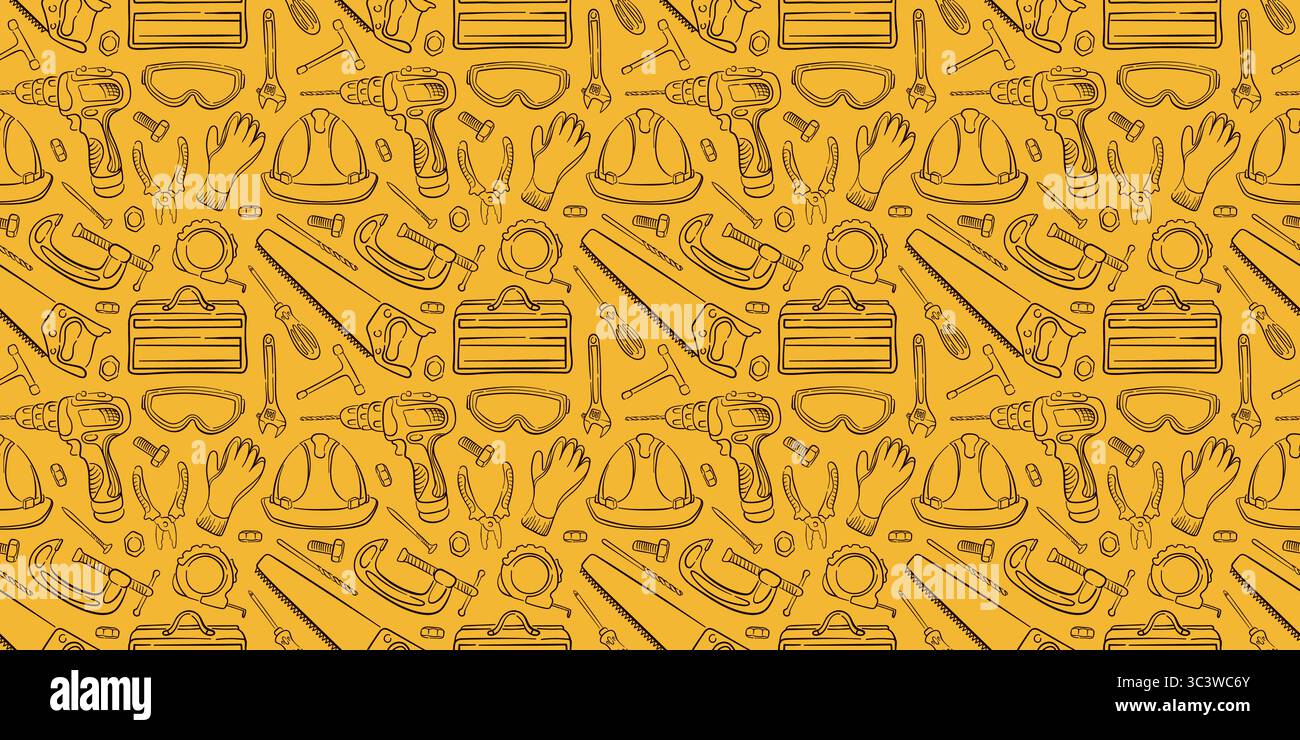 Seamless pattern of hand drawn construction repair tool and safety equipment on yellow background. Perfect for industrial theme, engineering project Stock Vector
