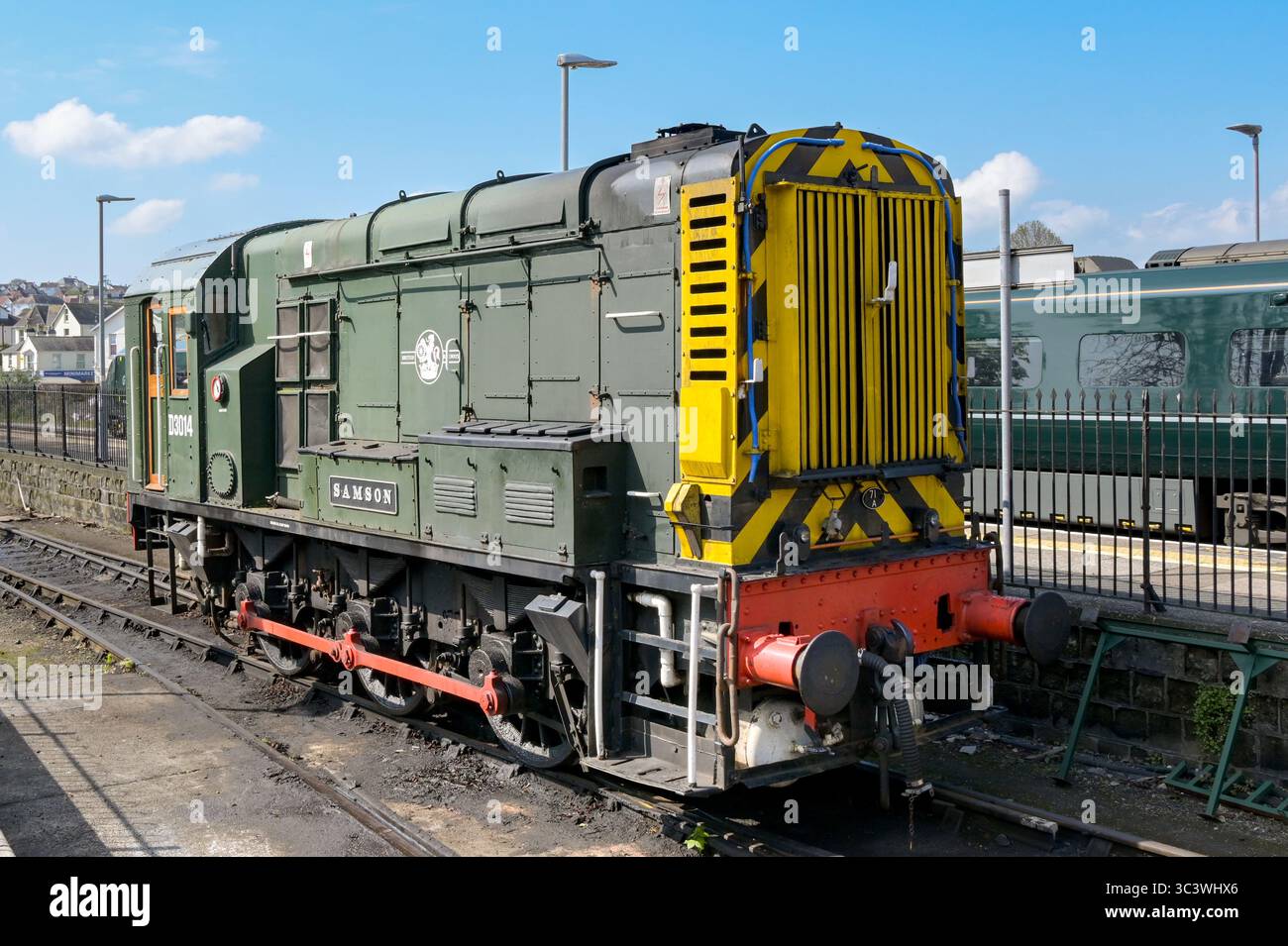 Paignton, Devon, England, UK - 24 April 2025: Vintage diesel shunter locomotive Samson at Paignton Railway Station on the Dartmouth Steam Railway Stock Photo