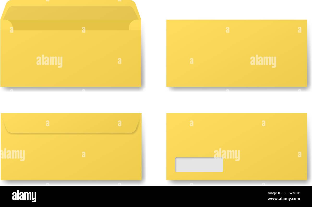 Yellow envelope mockup. Front and back side. Open and closed envelopes. Address window. Vector illustration Stock Vector
