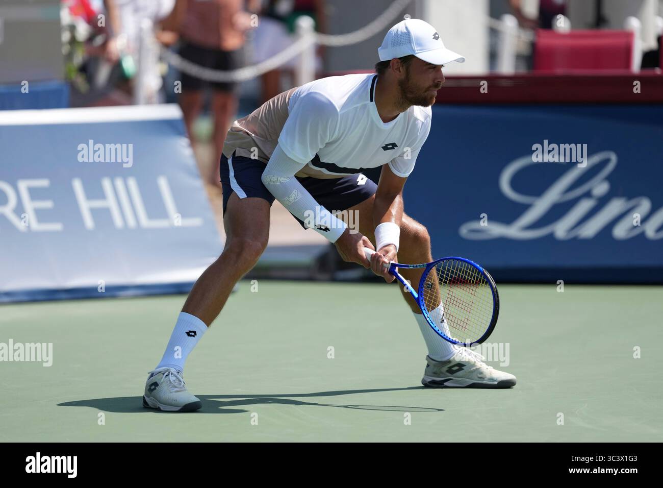 Toronto, Canada. 27th July, 2025. Benjamin Bonzi of France in action against Adam Walton of Australia during the Men's Singles first round match on day 2 of the ATP Masters 1000 National Bank Open at Sobeys Stadium. on July 27, 2025 in Toronto, Canada. (Photo by Leonardo Ramirez/ Credit: Eyepix Group/Alamy Live News Stock Photo