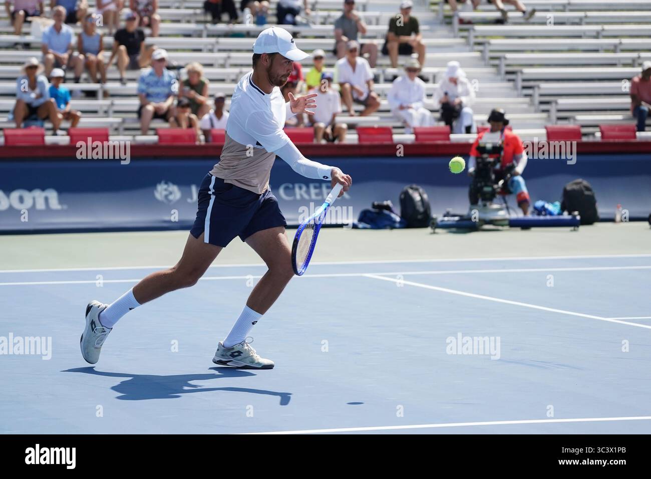 Toronto, Canada. 27th July, 2025. Benjamin Bonzi of France plays a forehand against Adam Walton of the United States during the Men's Singles first round match on day 2 of the ATP Masters 1000 National Bank Open at Sobeys Stadium. on July 27, 2025 in Toronto, Canada. (Photo by Leonardo Ramirez/ Credit: Eyepix Group/Alamy Live News Stock Photo