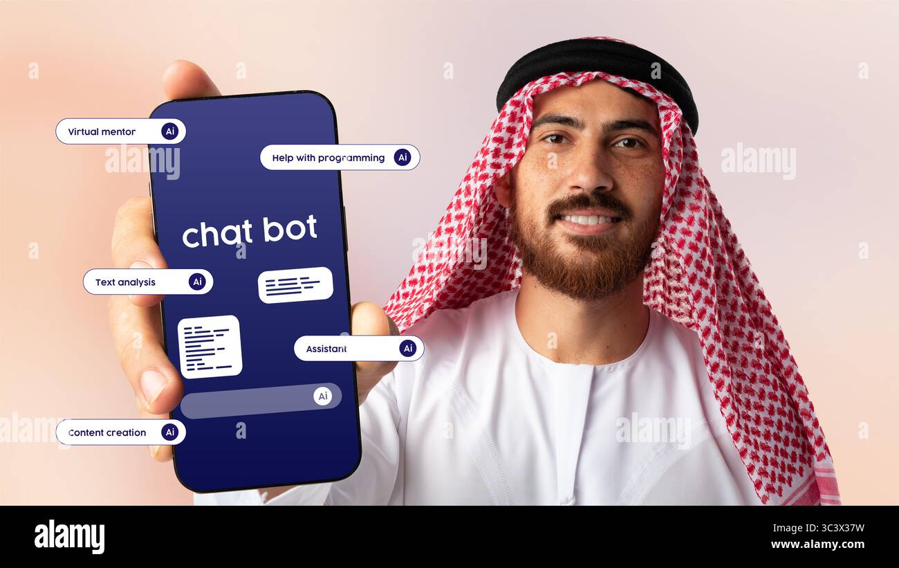 Professional showcasing chatbot features on mobile device in modern office setting Stock Photo