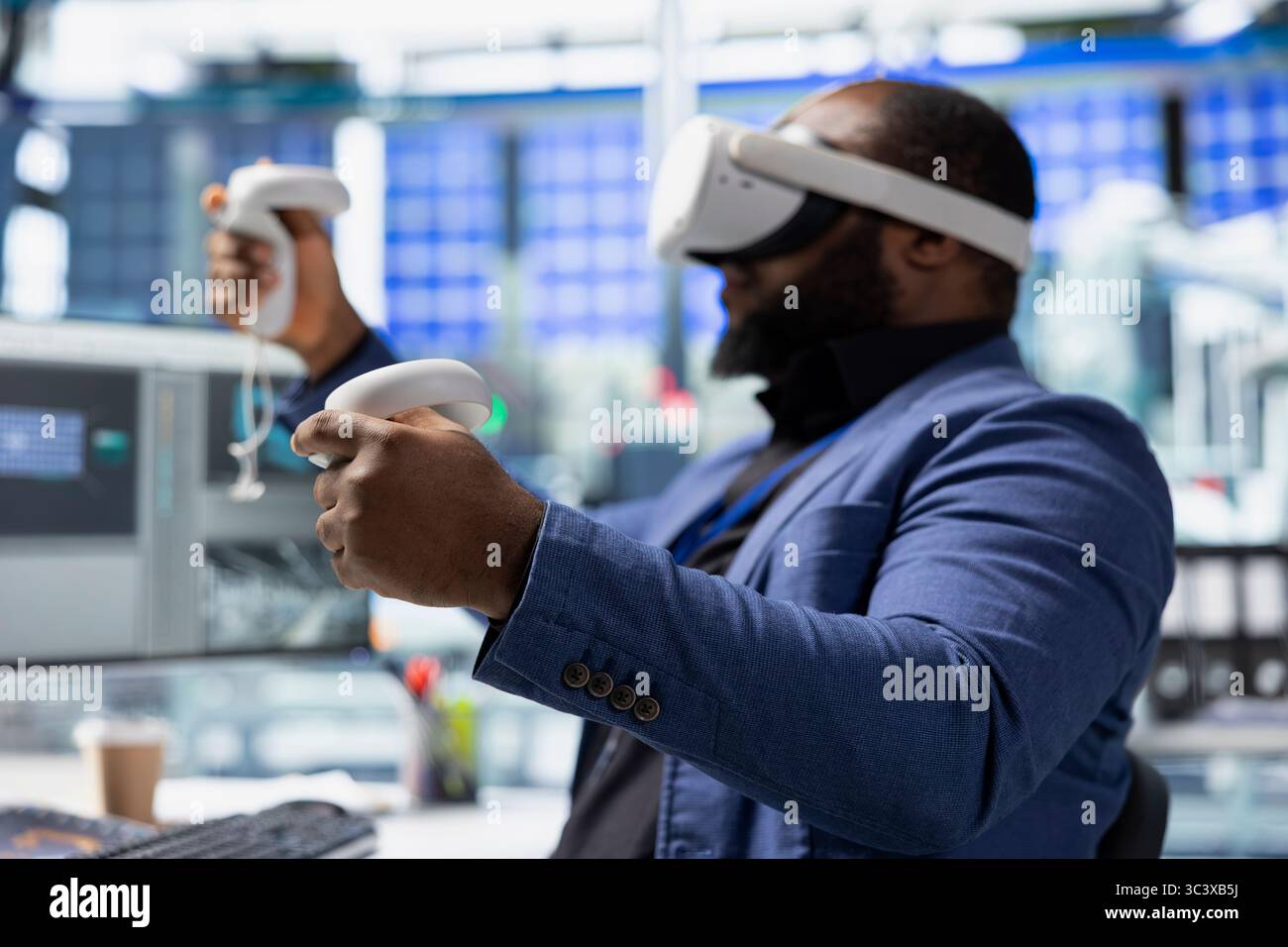African american technician in solar panels plant using VR goggles ...