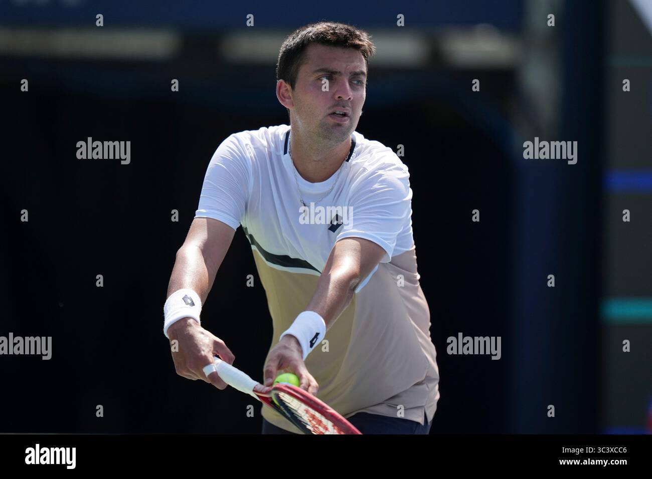 Toronto, Canada. 27th July, 2025. Tomas Barrios Vera of Chile serves to Gael Monfils of France (not pictured) during the Men's Singles first round match on day 2 of the ATP Masters 1000 National Bank Open at Sobeys Stadium. on July 27, 2025 in Toronto, Canada. (Photo by Leonardo Ramirez/ Credit: Eyepix Group/Alamy Live News Stock Photo