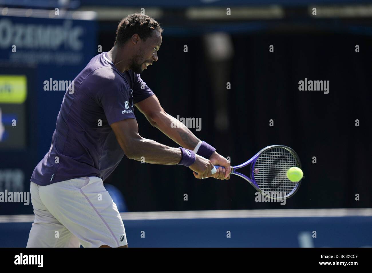 Toronto, Canada. 27th July, 2025. Gael Monfils of France plays a backhand against Tomas Barrios Vera of Chile during the Men's Singles first round match on day 2 of the ATP Masters 1000 National Bank Open at Sobeys Stadium. on July 27, 2025 in Toronto, Canada. (Photo by Leonardo Ramirez/ Credit: Eyepix Group/Alamy Live News Stock Photo