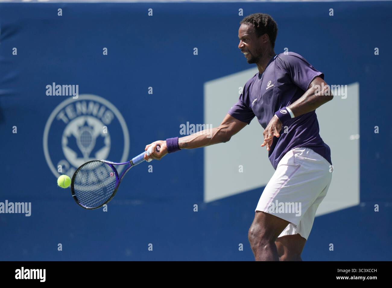 Toronto, Canada. 27th July, 2025. Gael Monfils of France plays a forehand against Tomas Barrios Vera of Chile during the Men's Singles first round match on day 2 of the ATP Masters 1000 National Bank Open at Sobeys Stadium. on July 27, 2025 in Toronto, Canada. (Photo by Leonardo Ramirez/ Credit: Eyepix Group/Alamy Live News Stock Photo