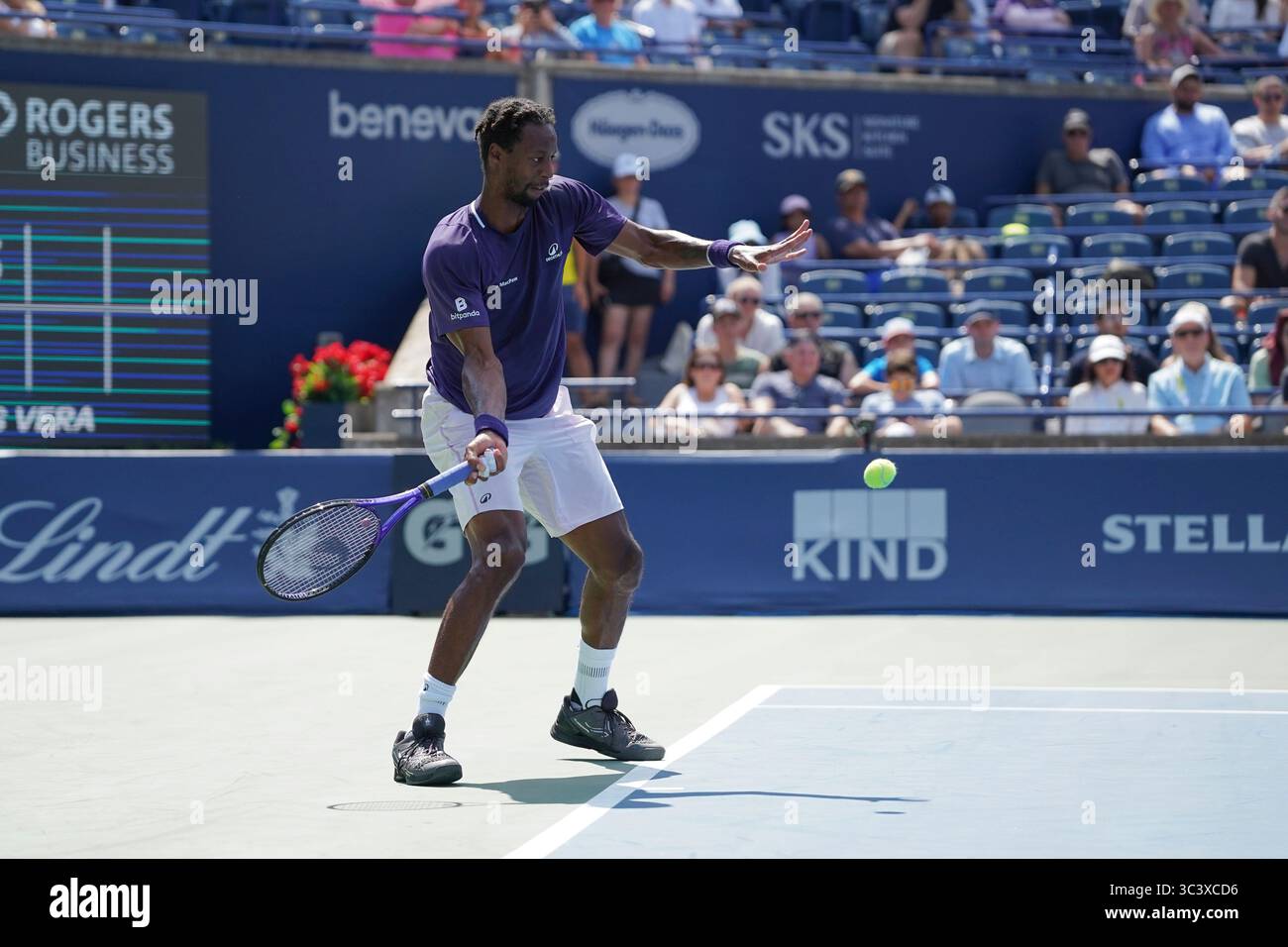 Toronto, Canada. 27th July, 2025. Gael Monfils of France plays a forehand against Tomas Barrios Vera of Chile during the Men's Singles first round match on day 2 of the ATP Masters 1000 National Bank Open at Sobeys Stadium. on July 27, 2025 in Toronto, Canada. (Photo by Leonardo Ramirez/ Credit: Eyepix Group/Alamy Live News Stock Photo