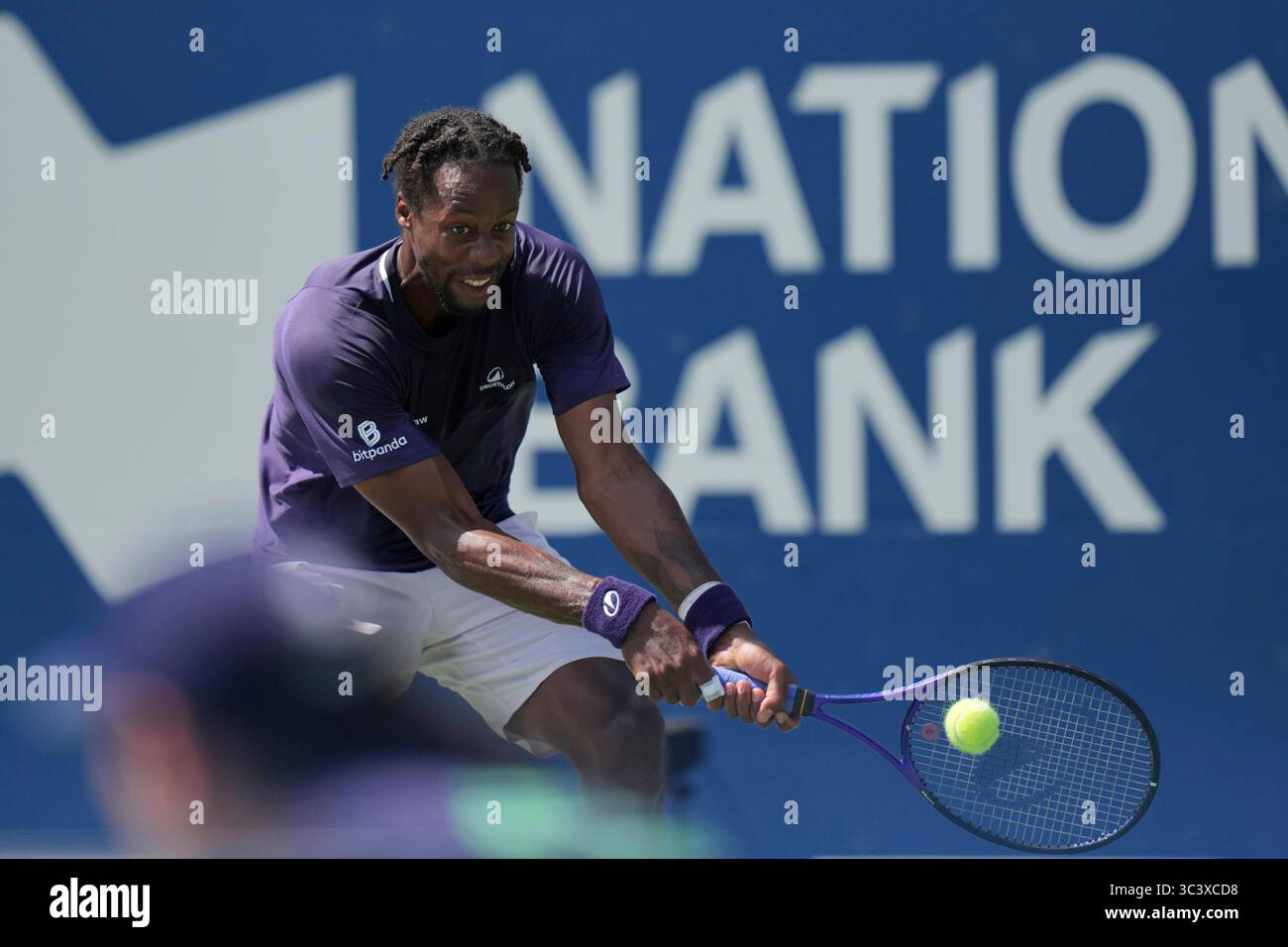 Toronto, Canada. 27th July, 2025. Gael Monfils of France plays a backhand against Tomas Barrios Vera of Chile during the Men's Singles first round match on day 2 of the ATP Masters 1000 National Bank Open at Sobeys Stadium. on July 27, 2025 in Toronto, Canada. (Photo by Leonardo Ramirez/ Credit: Eyepix Group/Alamy Live News Stock Photo