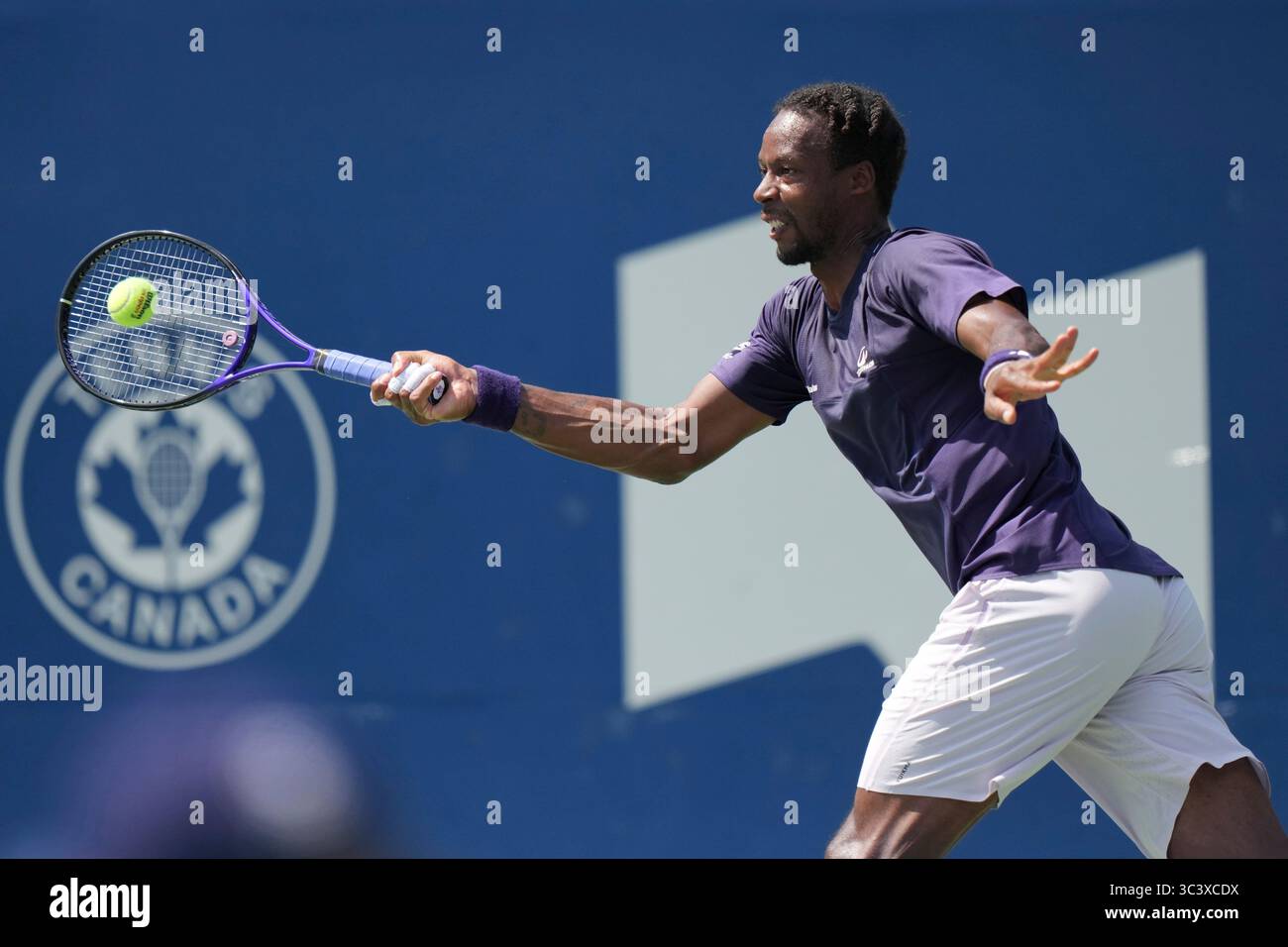 Toronto, Canada. 27th July, 2025. Gael Monfils of France plays a forehand against Tomas Barrios Vera of Chile during the Men's Singles first round match on day 2 of the ATP Masters 1000 National Bank Open at Sobeys Stadium. on July 27, 2025 in Toronto, Canada. (Photo by Leonardo Ramirez/ Credit: Eyepix Group/Alamy Live News Stock Photo