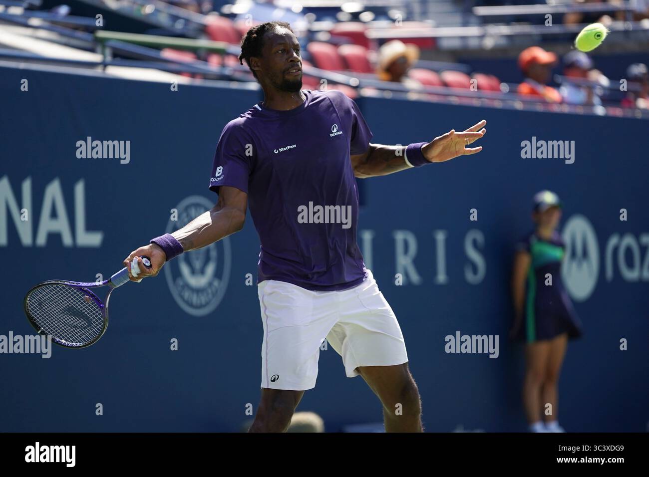 Toronto, Canada. 27th July, 2025. Gael Monfils of France plays a forehand against Tomas Barrios Vera of Chile during the Men's Singles first round match on day 2 of the ATP Masters 1000 National Bank Open at Sobeys Stadium. on July 27, 2025 in Toronto, Canada. (Photo by Leonardo Ramirez/ Eyepix Group/Sipa USA) Credit: Sipa USA/Alamy Live News Stock Photo
