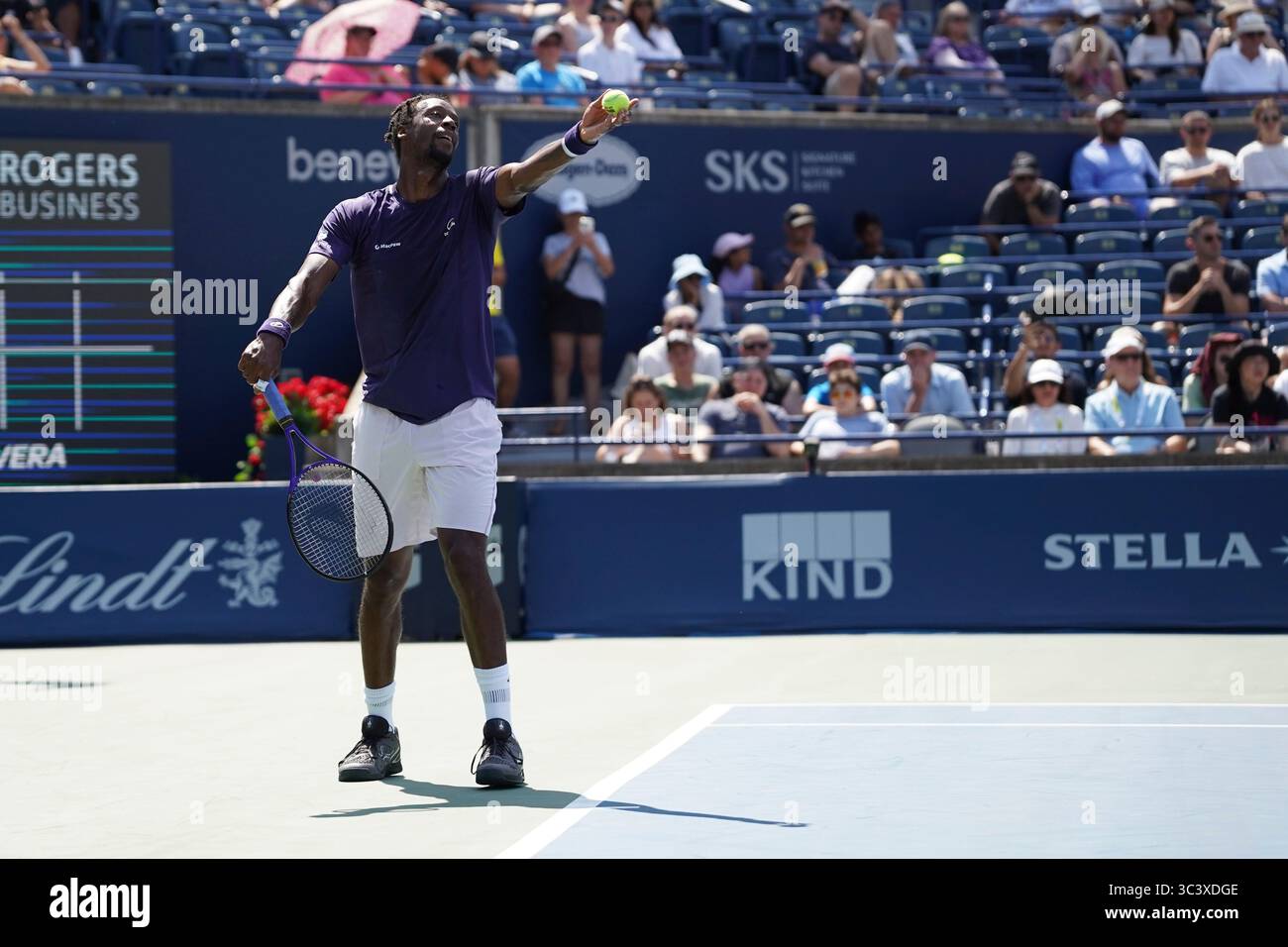 Toronto, Canada. 27th July, 2025. Gael Monfils of France serves to Tomas Barrios Vera of Chile (not pictured) during the Men's Singles first round match on day 2 of the ATP Masters 1000 National Bank Open at Sobeys Stadium. on July 27, 2025 in Toronto, Canada. (Photo by Leonardo Ramirez/ Eyepix Group/Sipa USA) Credit: Sipa USA/Alamy Live News Stock Photo