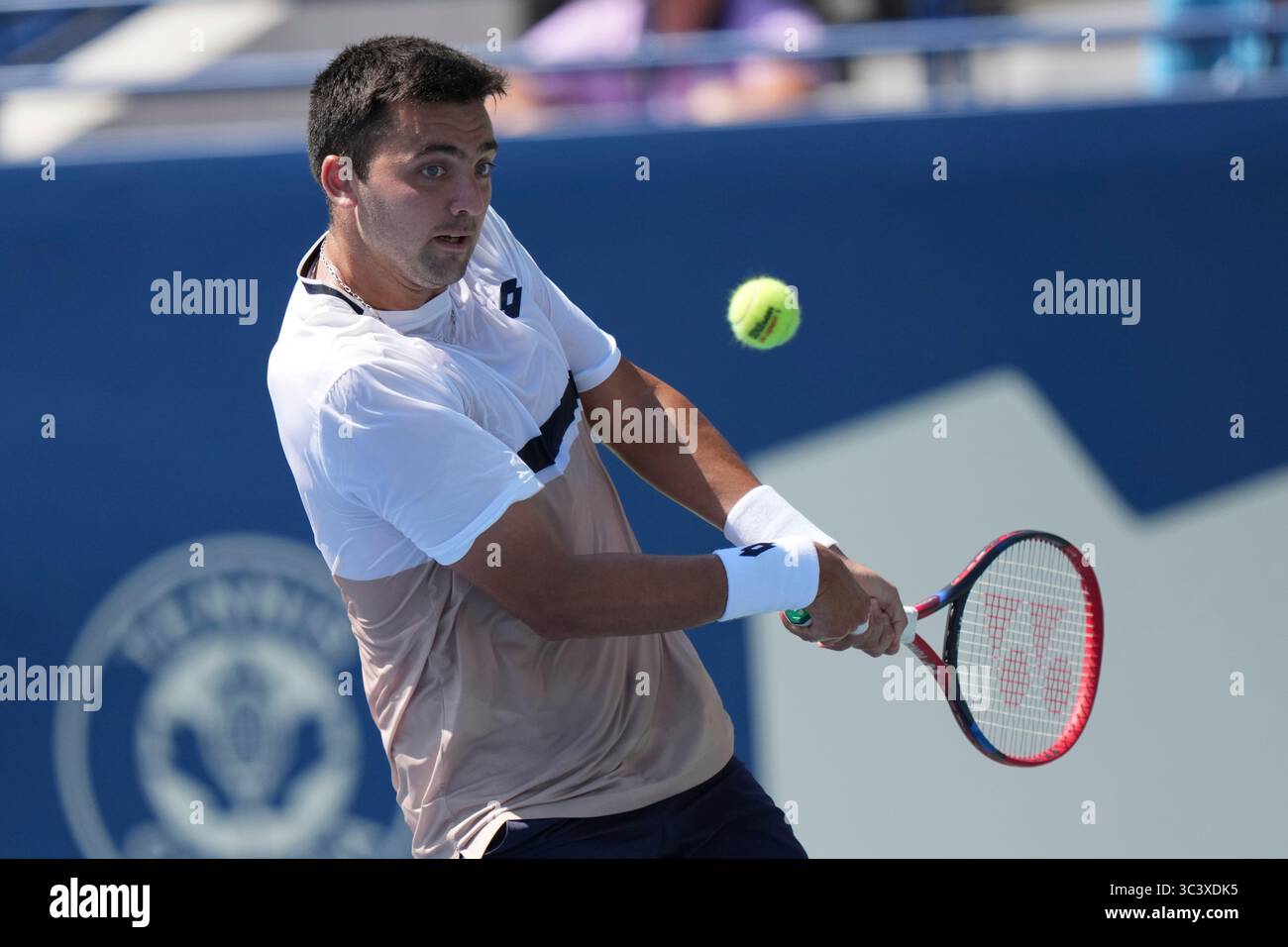 Toronto, Canada. 27th July, 2025. Tomas Barrios Vera of Chile plays a backhand against Gael Monfils of France during the Men's Singles first round match on day 2 of the ATP Masters 1000 National Bank Open at Sobeys Stadium. on July 27, 2025 in Toronto, Canada. (Photo by Leonardo Ramirez/ Eyepix Group/Sipa USA) Credit: Sipa USA/Alamy Live News Stock Photo