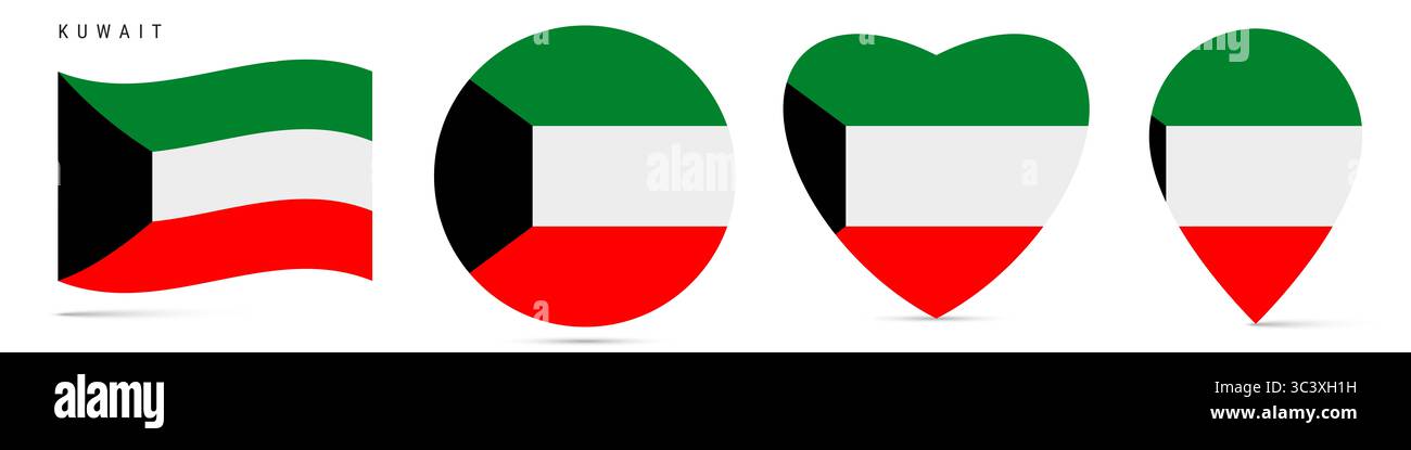 Kuwait waving flag, round circle sticker badge, heart shaped icon, map ...