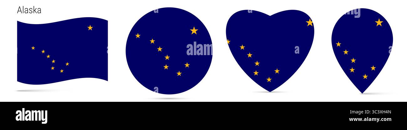 Alaska US state waving flag, round circle sticker badge, heart shaped ...