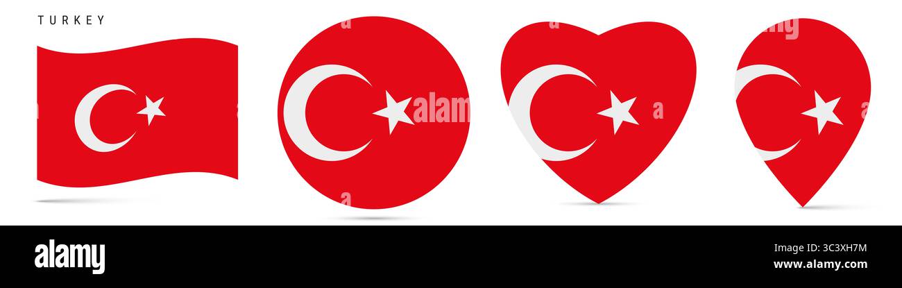 Turkey waving flag, round circle sticker badge, heart shaped icon, map ...