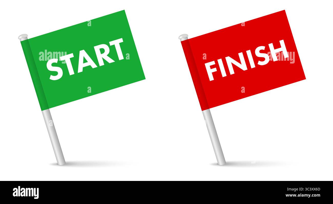 Start and finish map pointer pin flags green and red flag. 3D realistic ...