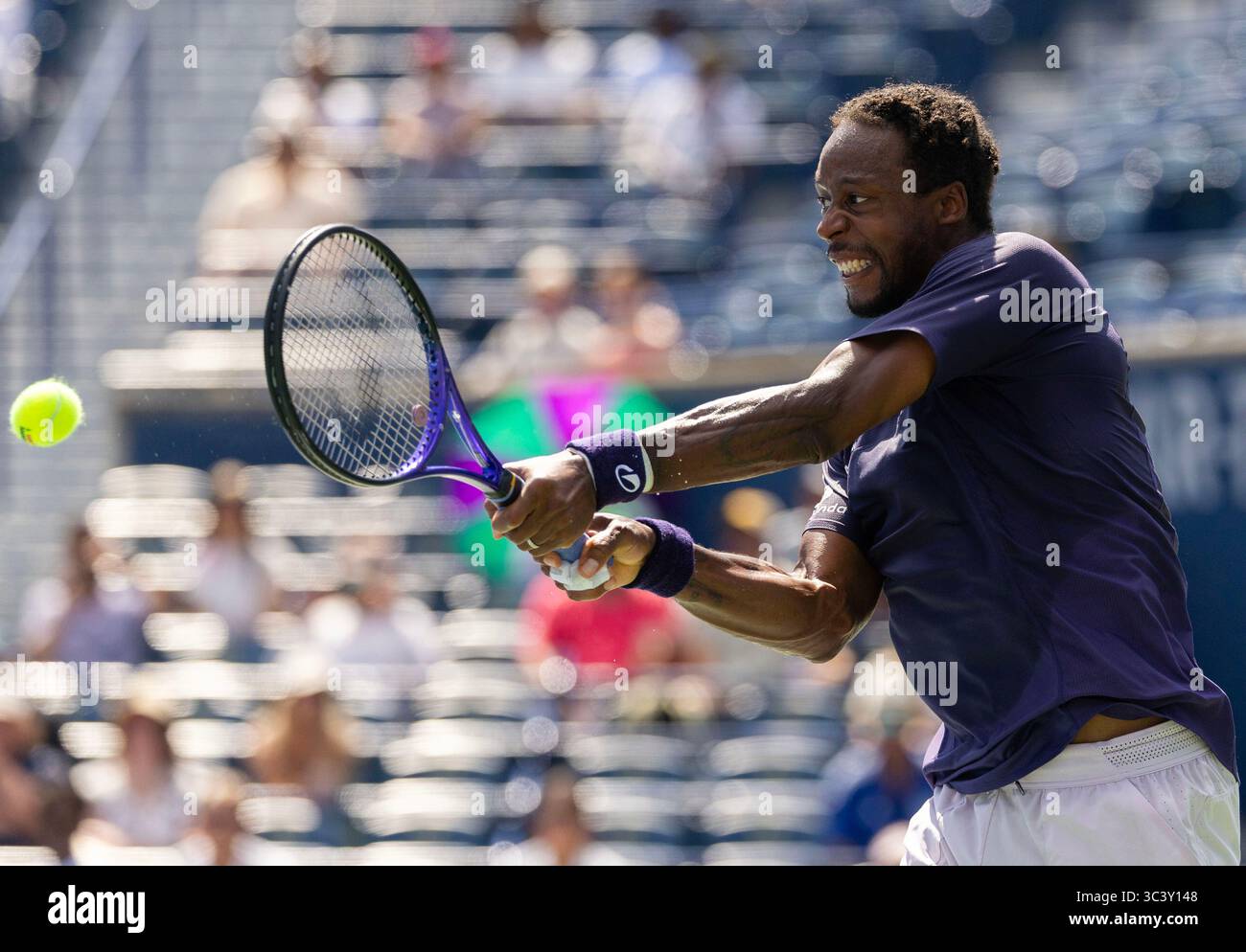 Toronto, Canada. 27th July, 2025. Gael Monfils of France returns the ball during the first round of the men's singles match between Gael Monfils of France and Tomas Barrios Vera of Chile at the 2025 National Bank Open tennis tournament in Toronto, Canada, on July 27, 2025. Credit: Zou Zheng/Xinhua/Alamy Live News Stock Photo