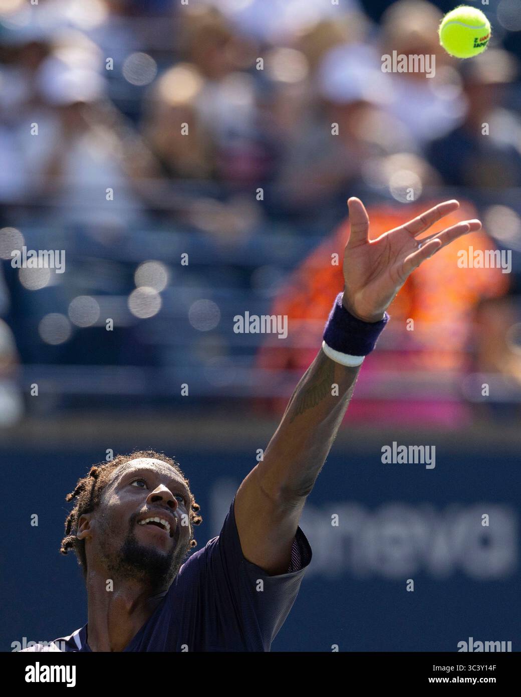 Toronto, Canada. 27th July, 2025. Gael Monfils of France serves during the first round of the men's singles match between Gael Monfils of France and Tomas Barrios Vera of Chile at the 2025 National Bank Open tennis tournament in Toronto, Canada, on July 27, 2025. Credit: Zou Zheng/Xinhua/Alamy Live News Stock Photo