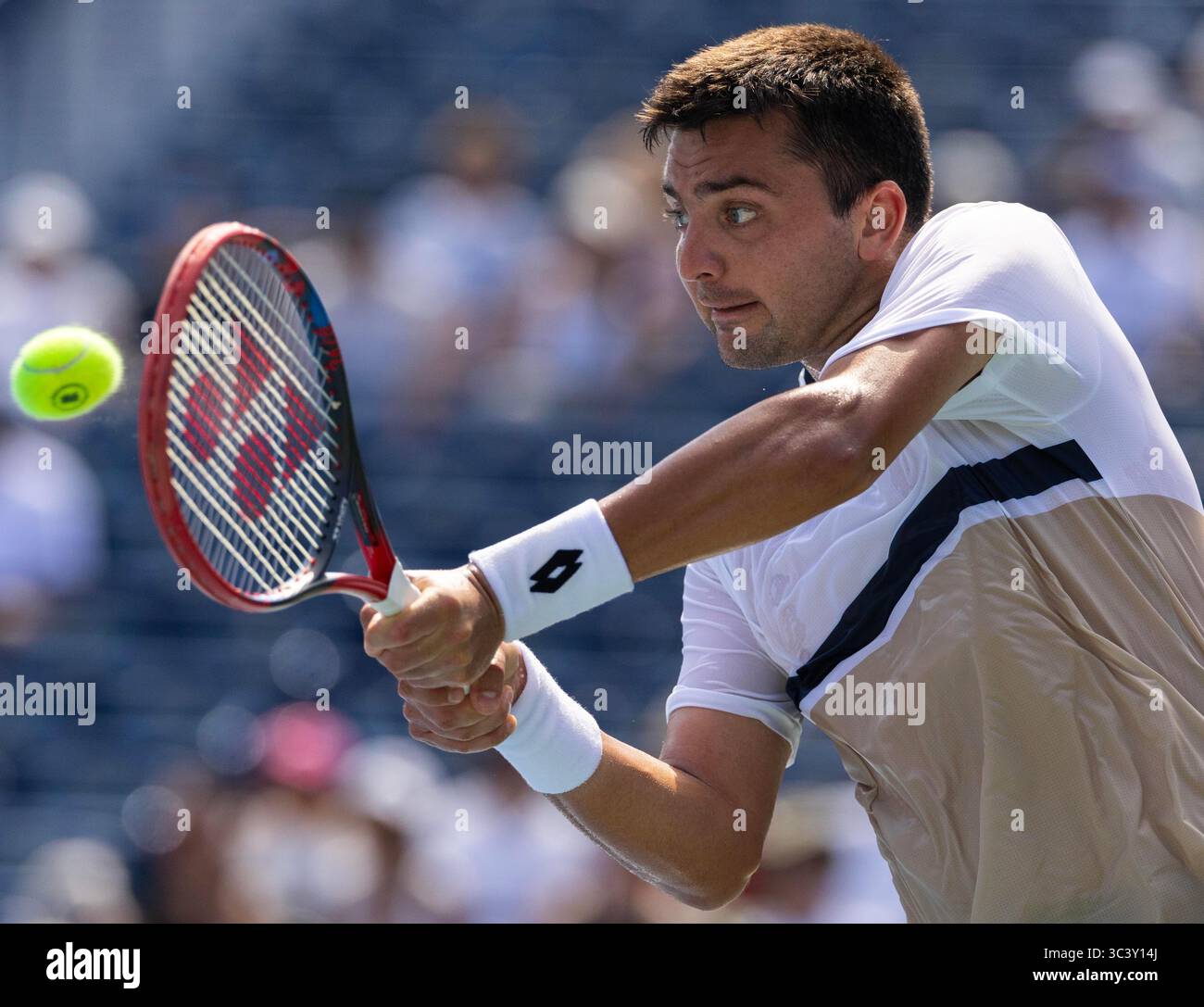 Toronto, Canada. 27th July, 2025. Tomas Barrios Vera of Chile returns the ball during the first round of the men's singles match between Gael Monfils of France and Tomas Barrios Vera of Chile at the 2025 National Bank Open tennis tournament in Toronto, Canada, on July 27, 2025. Credit: Zou Zheng/Xinhua/Alamy Live News Stock Photo