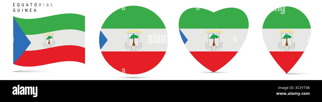 Equatorial Guinea waving flag, round circle sticker badge, heart shaped icon, map pin. Republic of Equatorial Guinea flag buttons of different shapes. Stock Vector