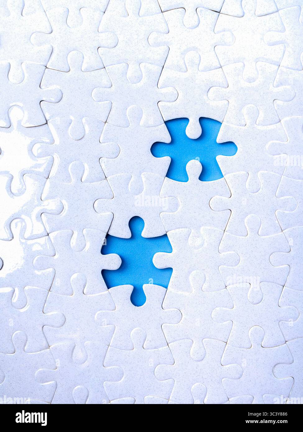 Business solutions, solving problems, missing and incomplete concept. Two blue empty space from missing piece, gap surrounded on white blank jigsaw pu Stock Photo