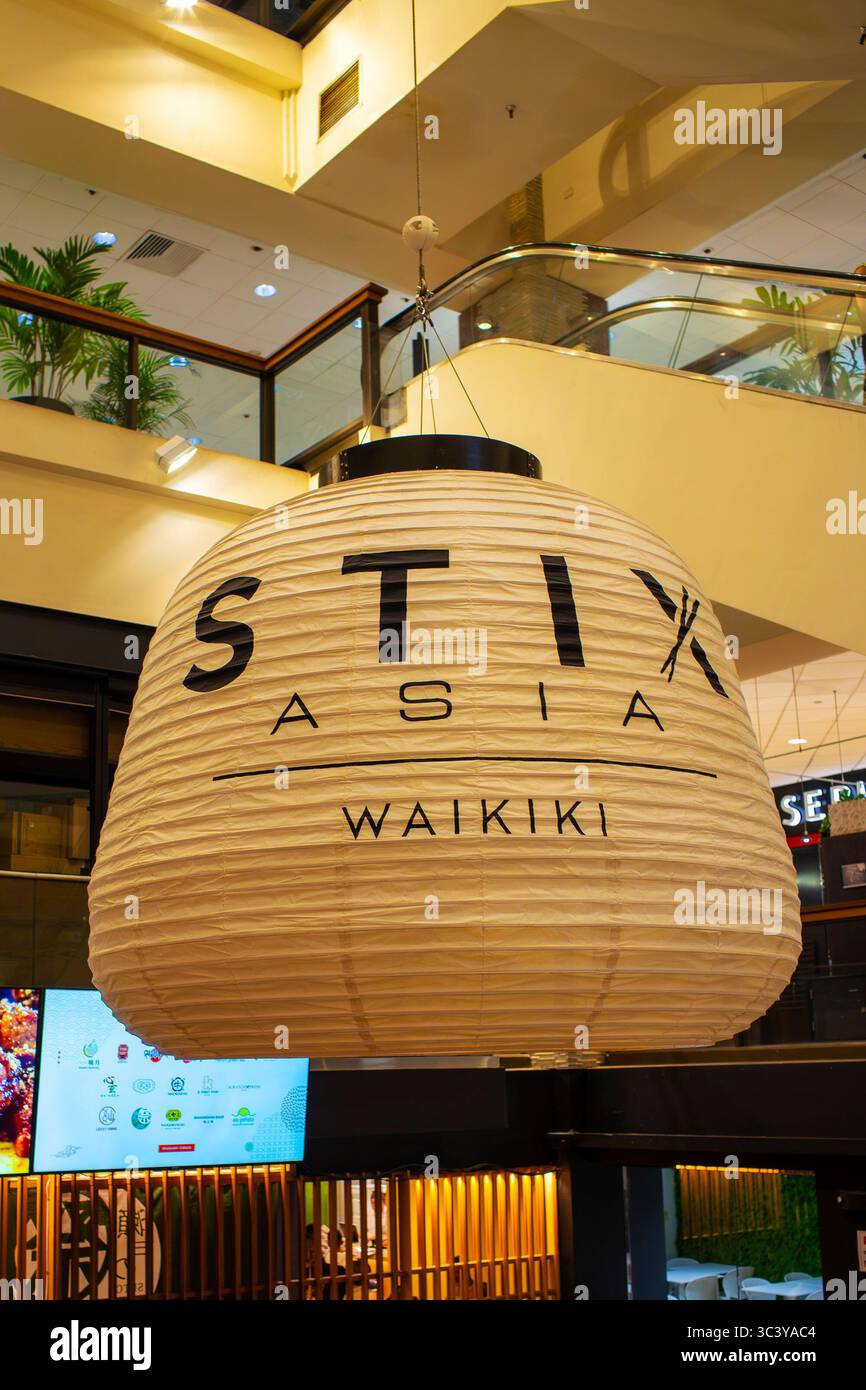Stix Asia sign at Waikiki, Honolulu, Hawaii. It is a popular Asian food hall featuring authentic cuisines from Japan and East Asian countries. Stock Photo