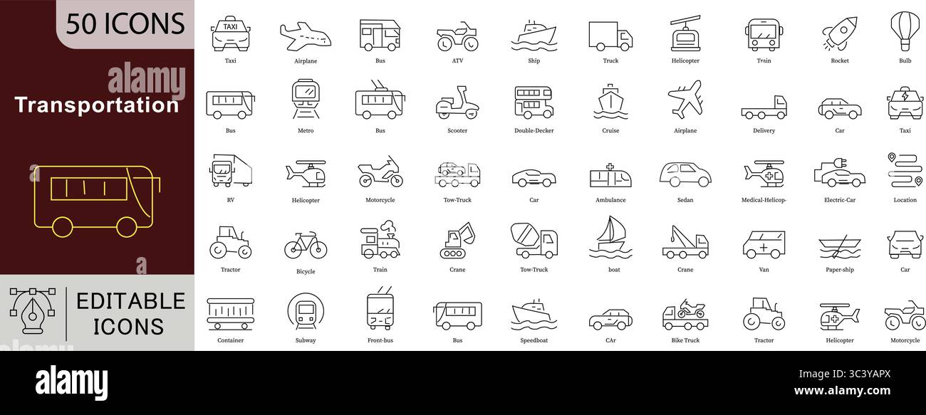 Transportation Editable Line Icons Set for Travel, Logistics, Delivery, and Mobility Solutions Stock Vector