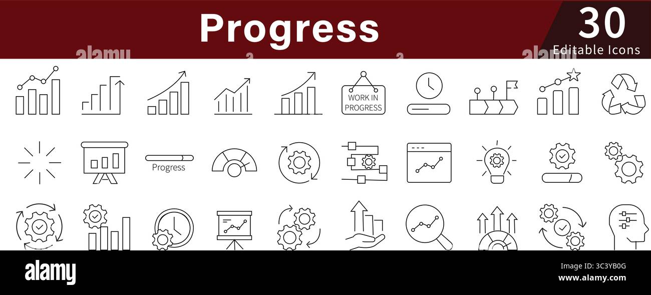 Progress Editable Line Icons Set for Growth, Development, Analytics, and Performance Tracking Stock Vector