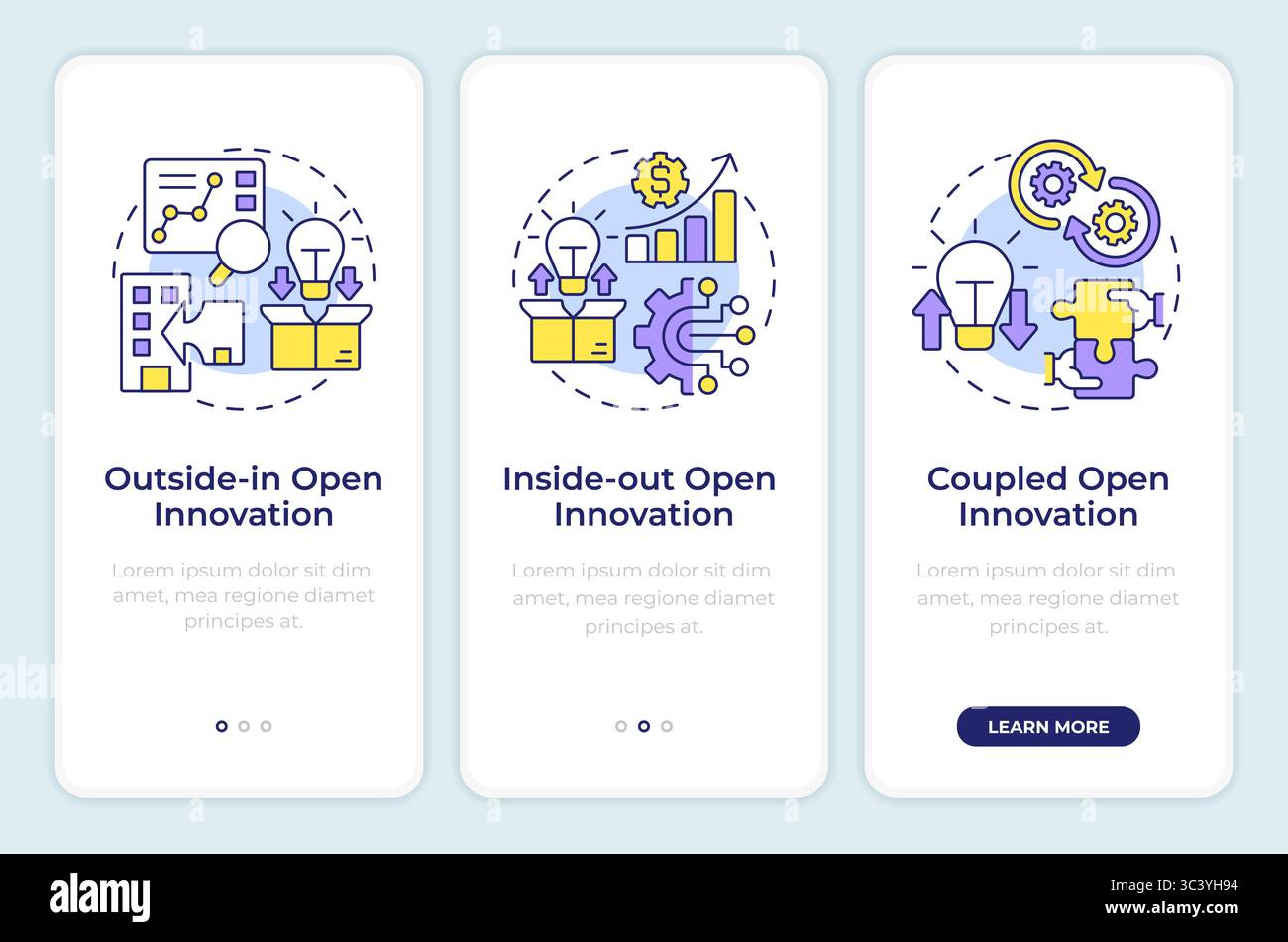 Models of open innovation onboarding mobile app screen Stock Vector
