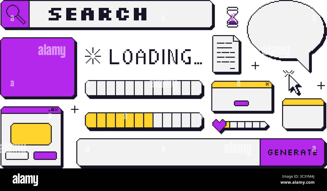 Pixel art windows interfaces and speech bubbles set . 8 bit frames and ...