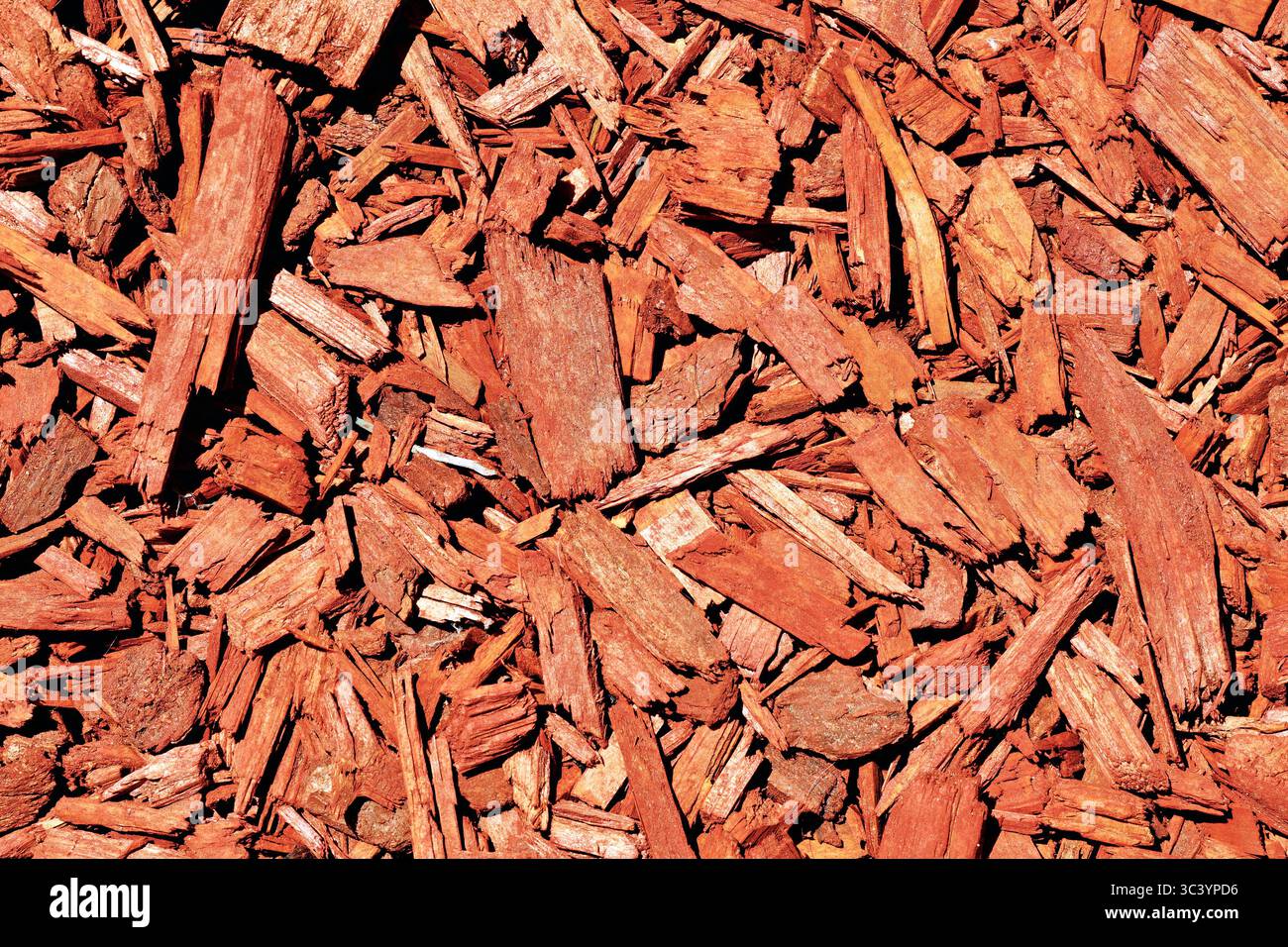 Woodchips wood mulch surface texture, top view Stock Photo