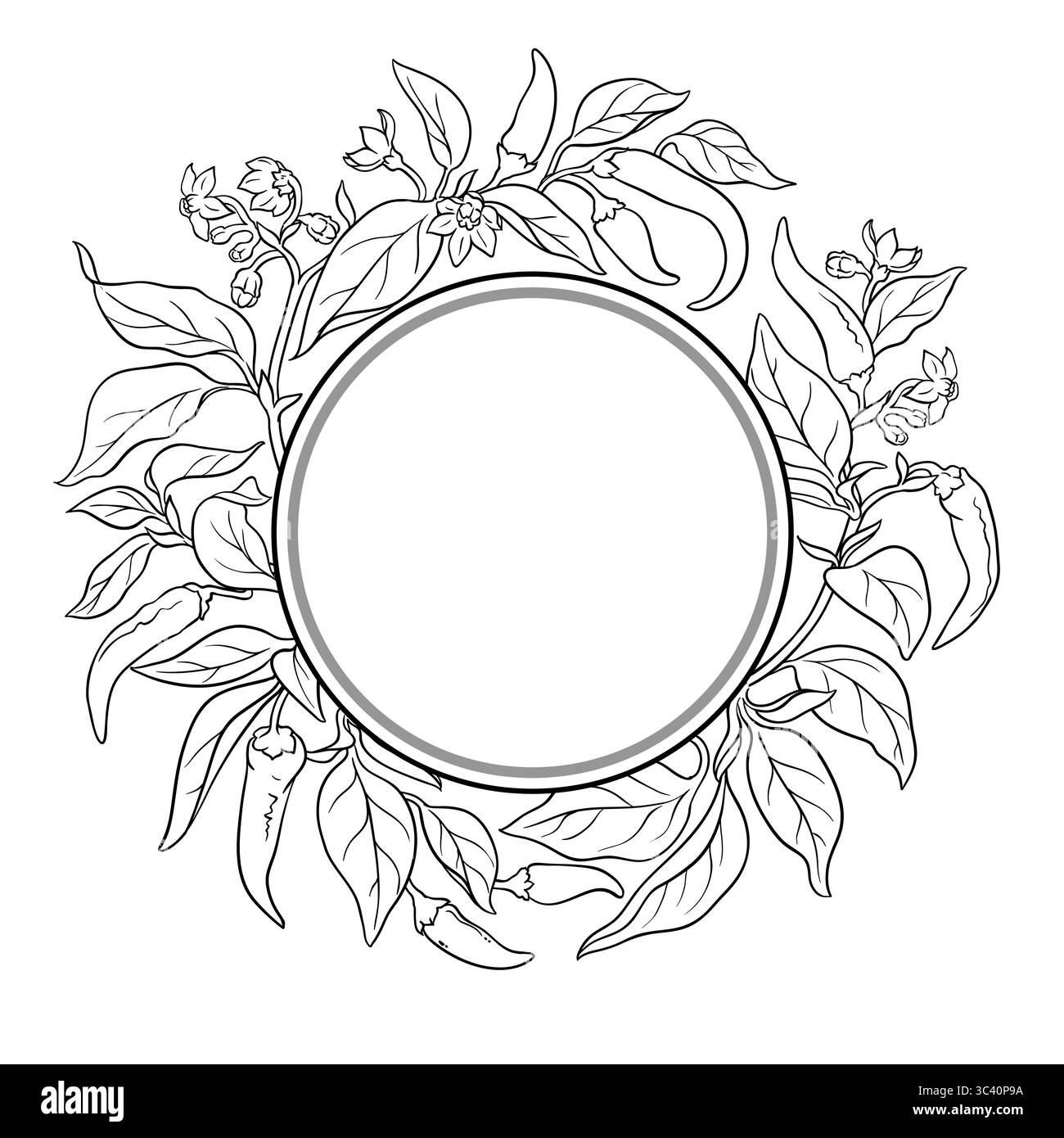 Cayenne Pepper Outline Round Frame. Stock Vector