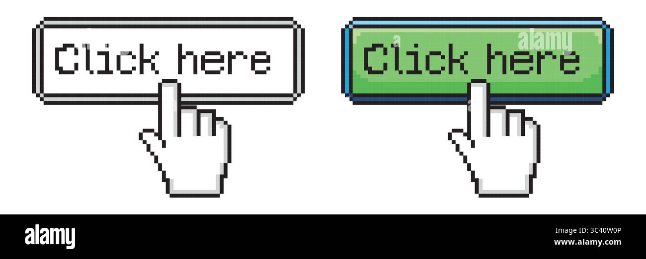 Click here button with hand icon. Pixel style vector Stock Vector Image ...
